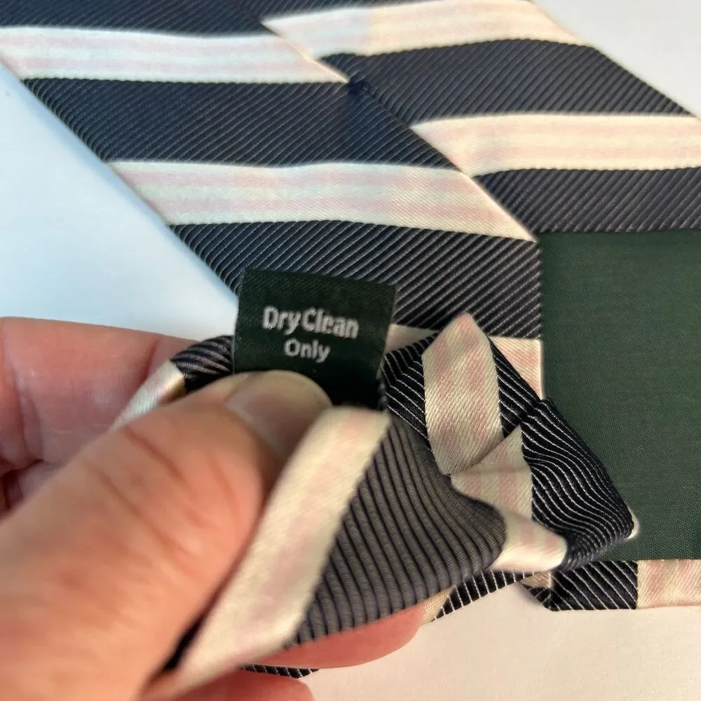 J. Crew Men's Navy Ivory Pink 100% Silk Diagonal Striped Classic Tie